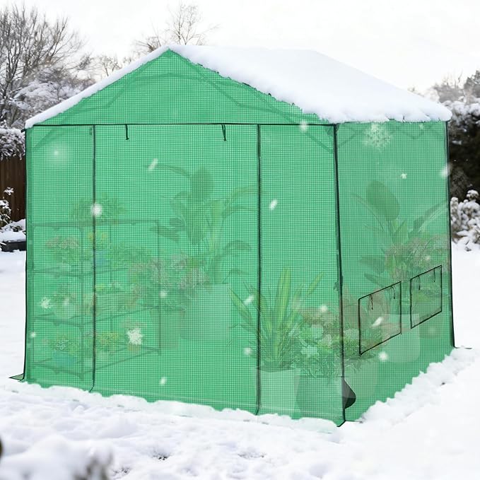 COOS BAY 8x8 FT Pop up Greenhouse Outdoor, Walk in Green House with Power Access Openings, Zippered Doors & Windows, Durable PE Cover, Green