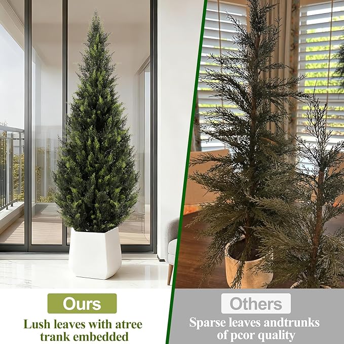 ZEEOZE 5FT Artificial Cedar Topiary Trees (2 Pack) - UV Resistant Faux Evergreen Shrubs Extra Dense Foliage Realistic Fake Pine Cypress Plants Easy Assembly for Front Porch Garden Indoor Office Decor