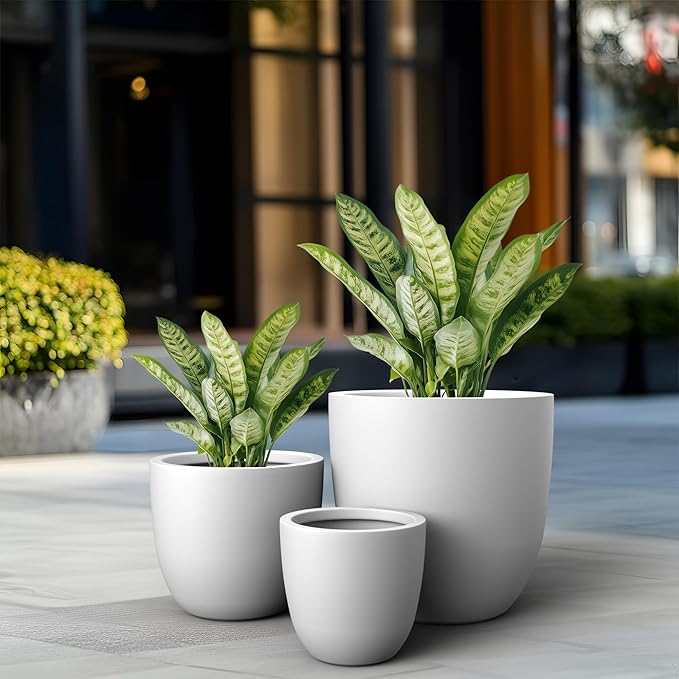 Kante Round Concrete Planter Set of 3, Large Outdoor Indoor Plant Pots with Drainage Hole, 10/14/18-Inch Diameter Flower Pots for Patio, Garden and Home, White
