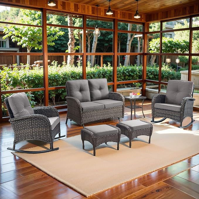 Belord 6 Pieces Outdoor Patio Furniture Set with Wicker Rocking Chairs, Rattan Patio Conversation Set with Glider Loveseat Ottomans and Side Table Brown/Grey