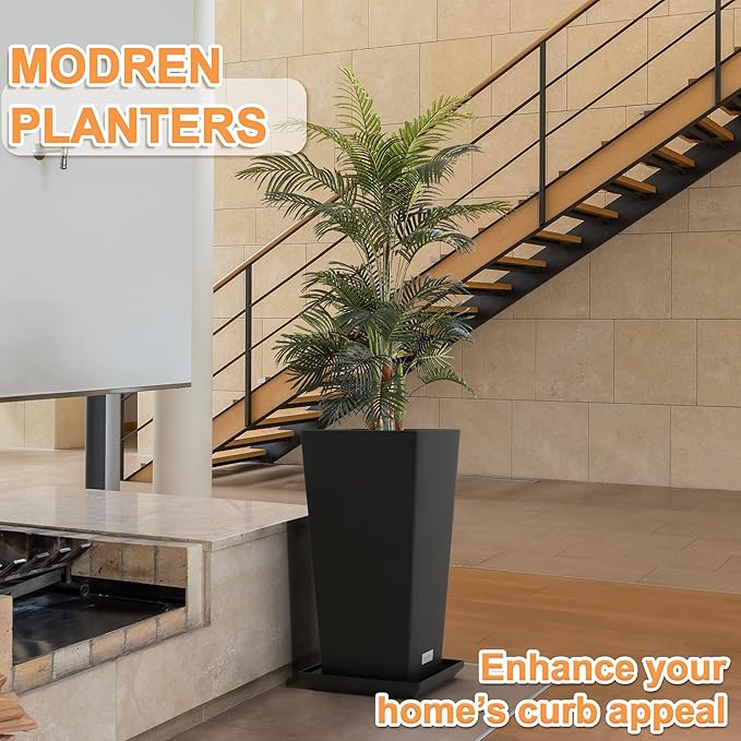 Elevens Outdoor Planter Larger Flower Pots Indoor Taper Garden V-Shape Tall Planters 27 inches Garden Pots Planter - Black（2 Packs） (A-GE01001-01)