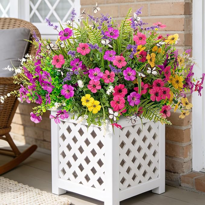 Artificial Fake Flowers for Outdoor Porch Planters Boxes Decoration,12 Bundles Outdoor Faux Fern Plants with Butterfly,UV Resistant Greenery Yard Patio Garden Decor