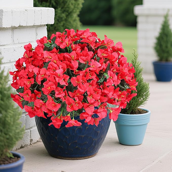Ivydale Artificial Bougainvillea Flowers for Outdoors Spring Summer Decor, 4 Bundles Fake Red Silk Flowers for Outside Faux Plants UV Resistant Realistic for Outdoor Planters Patio Porch Garden Home