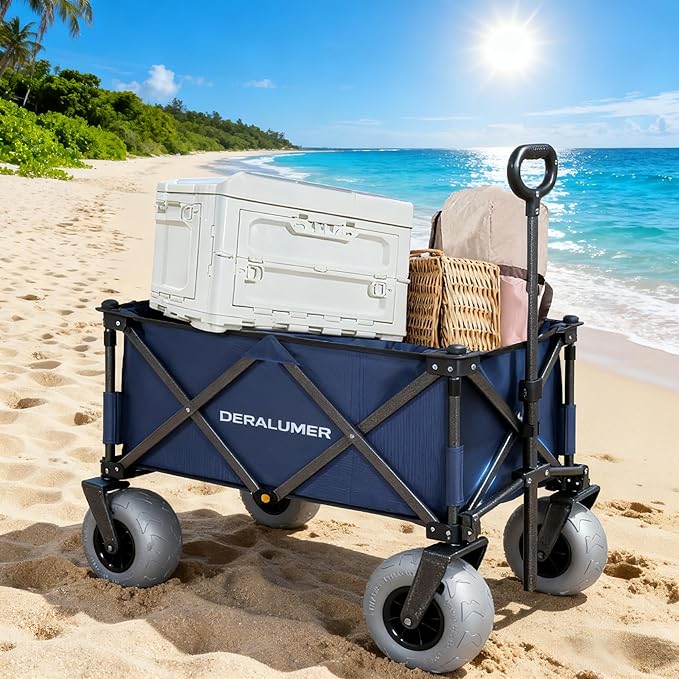 Beach Wagon with Big Wheels for Sand, 35"L Heavy Duty Folding Beach Wagon with 9×4" Balloon Tires, All Terrain Utility Cart for Garden, Sports, Camping, Outdoor (SandRover X800-B,Navy Blue)