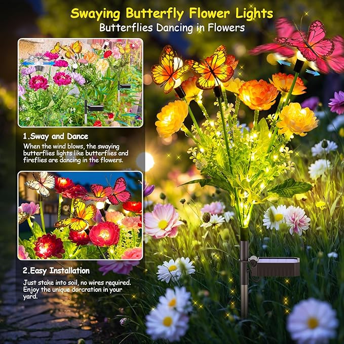 GARPAR Solar Garden Decor, 3 Pack Solar Lights with 9 Butterflies & 21 Blooming Flowers, Solar Flowers Outdoor Waterproof, Garden Lights for Outdoor Decorations