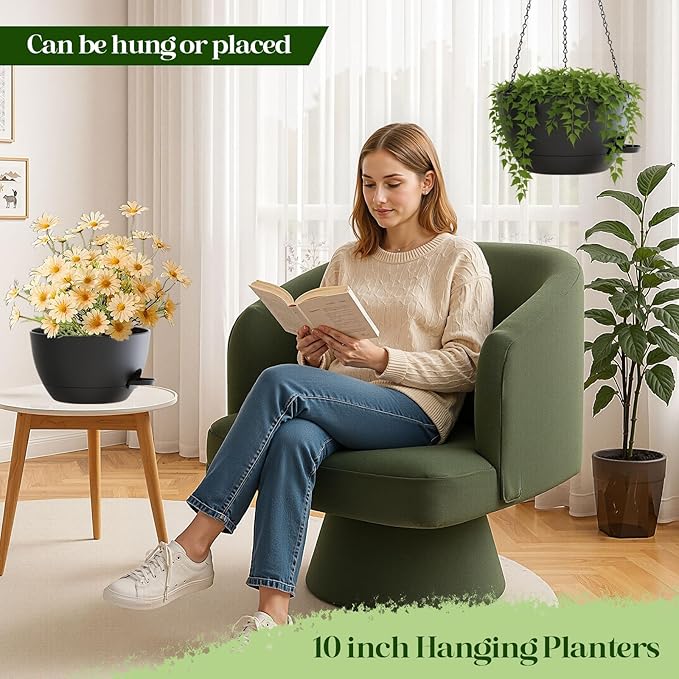 zople 10 Inch Hanging Planters with Chains 2 Pack Self Watering Black Plastic Hanging Pots for Indoor Outdoor Plants, Garden Porch Home Decor (Black)