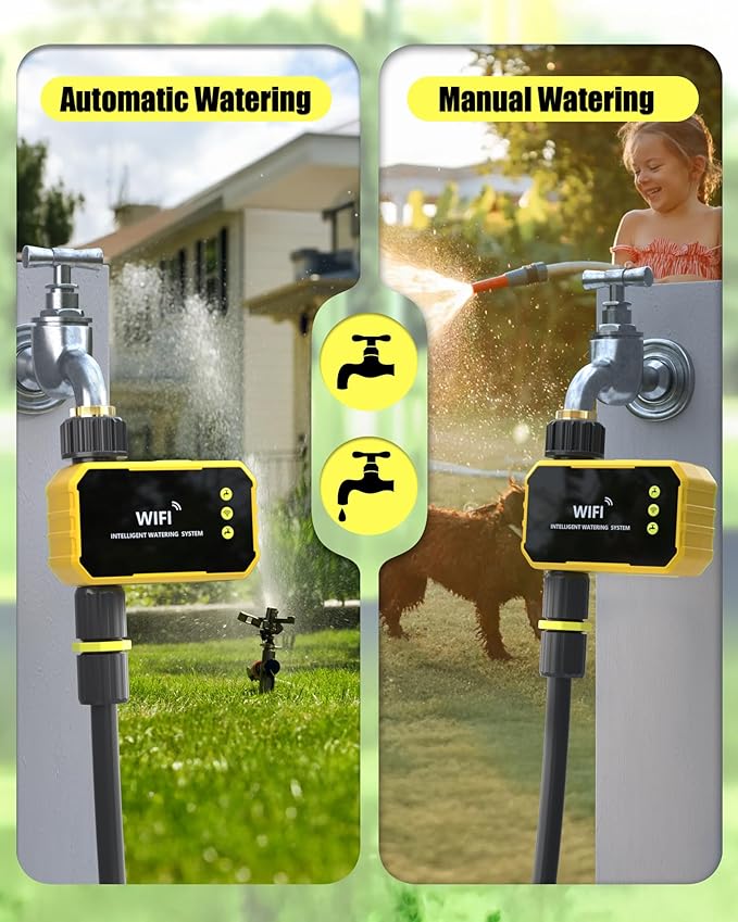 WiFi Sprinkler Timer with Brass Inlet, Smart Solar WiFi Water Timer for Garden Hose No Need Hub, Rain Delay/Auto/Manual Override, Alexa/Google Assistant Compatible, APP Remote Control via 2.4Ghz WiFi