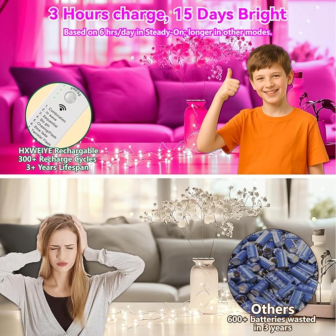 HXWEIYE Rechargeable Fairy Lights Battery Operated, DIY Timer & 8 Modes, 2 Pack 16FT 50LED Twinkle String Lights Indoor, Led mini Lights for Bedroom Wedding Dorm Christmas Tree Decor (Pink)