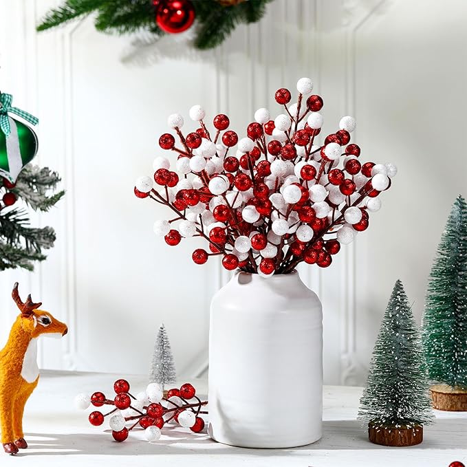 24 Pcs Christmas Glitter Berries Stems, 8.8" H Artificial Christmas Picks for Christmas Tree Ornaments, Holiday Wreath DIY Crafts, Xmas and Home Decor(Red, White)