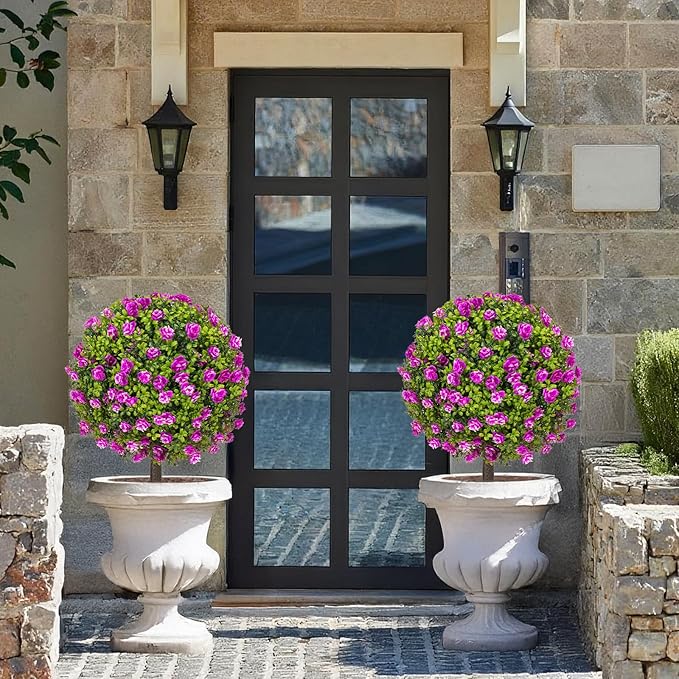 25" Artificial Boxwood Topiary Ball Trees with Purple RoseFlowers, Set of 2 UV Resistant No Fade Outdoor Faux Plants with Ground Spike, Fake Shrubs for Garden, Patio, Porch, Yard, Indoor
