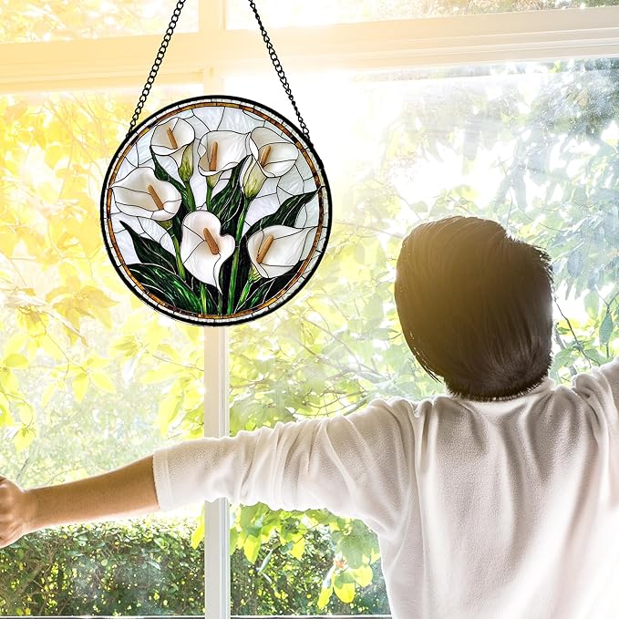 DASTOLL Stained Glass Window Hanging, White Calla Lily Flowers Sun Catchers Glass Panel Plant Suncatcher Decor for Birthday for Women, Men, Wife, Aunt, and Mom 7.8 in