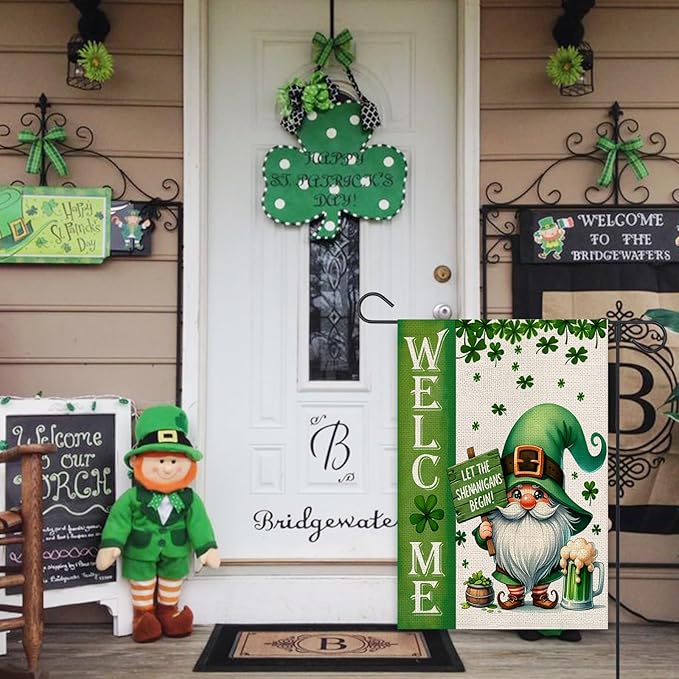 St Patricks Day Welcome Garden Flag 12x18 Inch Double Sided Gnome Lucky Shamrocks Clovers Outside Small Flag for Yard Outdoor Holiday Decoration