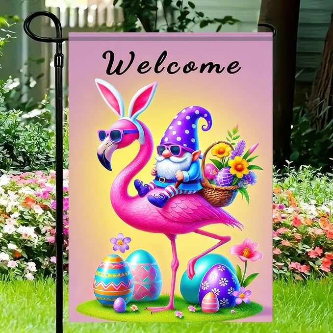 Easter Garden Flag 12" X 18" Double Sided Welcome Easter Flamingo Flag Gnome Garden Flag Gnome and Flamingo Welcome Spring Holiday Yard Outdoor Banner Yard Flags for Party Home Decor