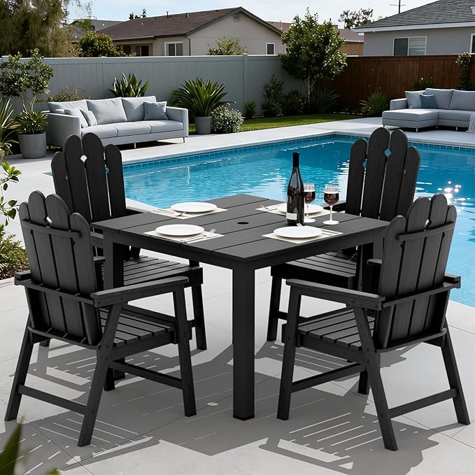 5-Piece Patio Dining Set, Outdoor Dining Set for 4, HDPE All-Weather Outdoor Furniture with 35.43” Umbrella Hole Table, 4 Armchairs, Black