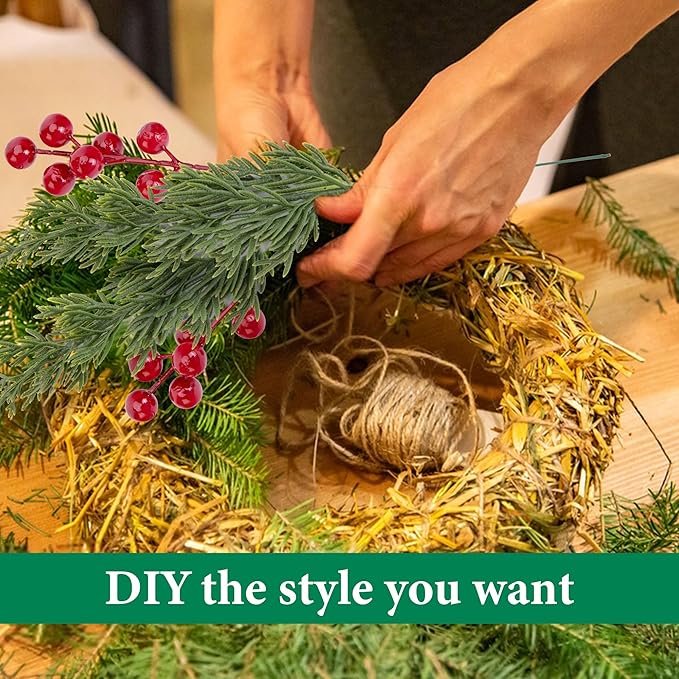 Watayo 60 Pcs Christmas Artificial Pine Branches with Red Berry Stems, 10.5" Faux Evergreen Norfolk Pine Cypress Leaves Stems, Fake Foliage Pine Needles Picks for DIY Craft Garland Home Decor