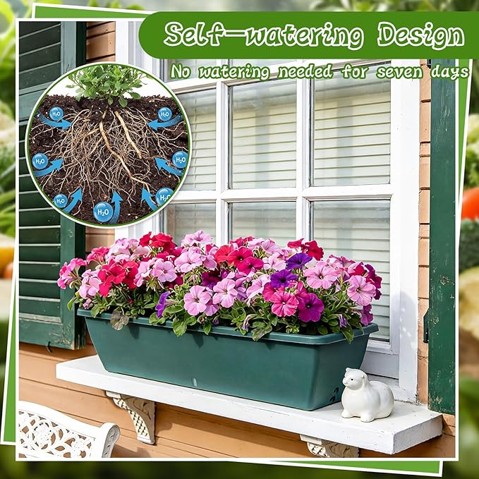 8 Pack 24 Inches Plastic Flower Window Box Planters with Water Absorbing Net Drainage Holes & Visible Water Level Window, Rectangular Vegetable Flower Pots for Indoor Outdoor Garden(Green)