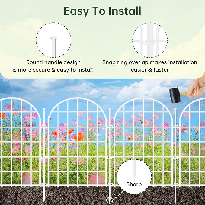 26ft(L) x 17in(H) Panels Garden Fence, 12 Panels Arched No Dig Fence, Decorative Animal Barrier Fencing with Ground Stake, Rustproof Metal Garden Edging Border for Dog, Outdoor Patio Decor, White