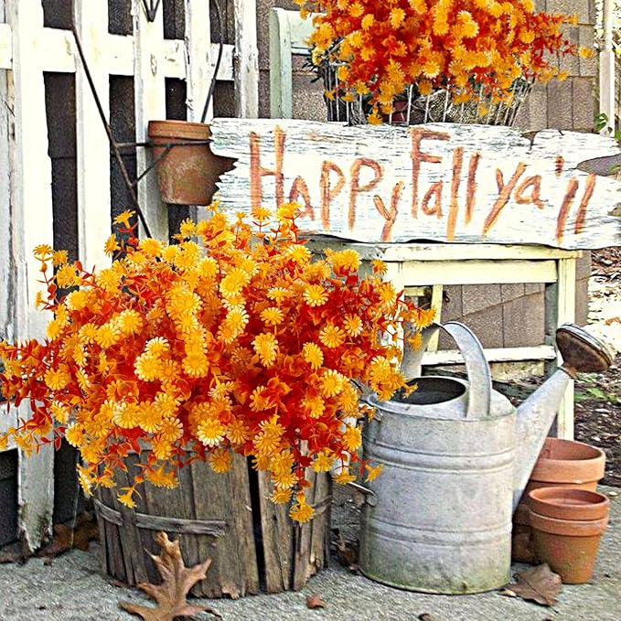 Grunyia 12 Bundles Artificial Fall Flowers for Outdoors Fake Plants - Faux Outside Greenery Boxwood No Fade Plastic Shrubs Decor Farmhouse Home Garden Thanksgiving (Fall Yellow)