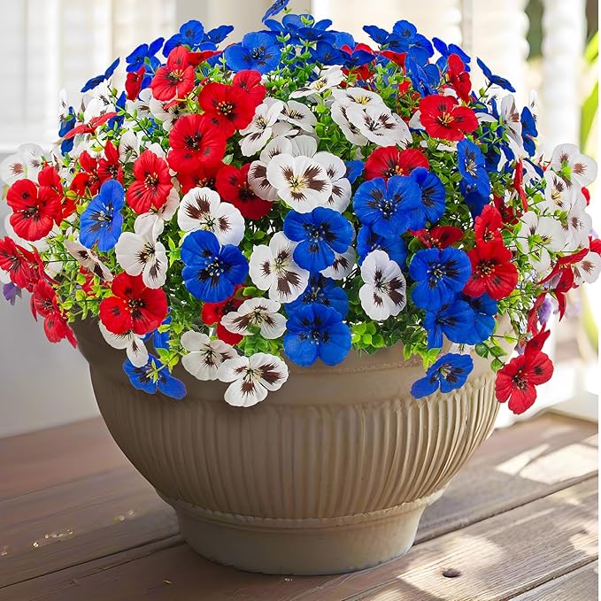 36 Pcs Artificial Fake Pansy Flowers for Outdoor, UV Resistant Faux Silk Pansies Spring Flowers for Outside for Planter Front Door Porch Yard Patio Window Box Home Decor (36, Red, White, Blue)