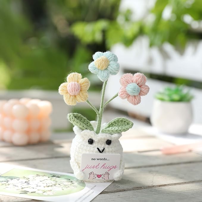 YOOJEE Crochet Sympathy Gifts for Loss of Loved One – No Words, Just Hugs Crochet Puff Flower Plant– Bereavement, Memorial, Get Well Soon, Grief Gift Idea for Loss of Grandpa Grandma Mom Dad