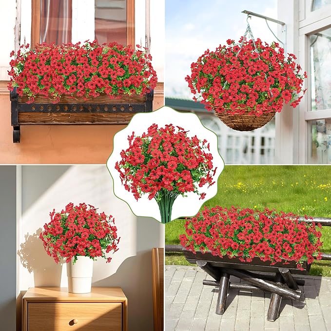 Besteek 20 Bundles Artificial Flowers for Outdoors Decoration Fake Silk Flowers UV Resistant Faux Plants Artificial Daisy Eucalyptus for Spring Summer Garden Yard Porch Window Home Decor, Red