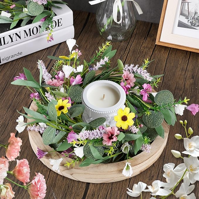 6 Pcs 9" Small Spring Wreath for Kitchen Cabinet Floral Wedding Candle Rings Wreaths Spring Summer Wildflower Wreath with Ribbon for Pillars Front Door Porch Wall Window Farmhouse Party Home Decor