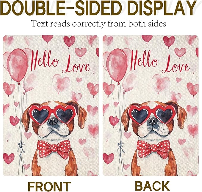 Valentine's Day Saint-Bernard Hello Love Garden Flag, House Yard Plaid Love Heart Outside Decoration, Spring Holiday Wedding Anniversary Outdoor Small Decor 12x18(12617)