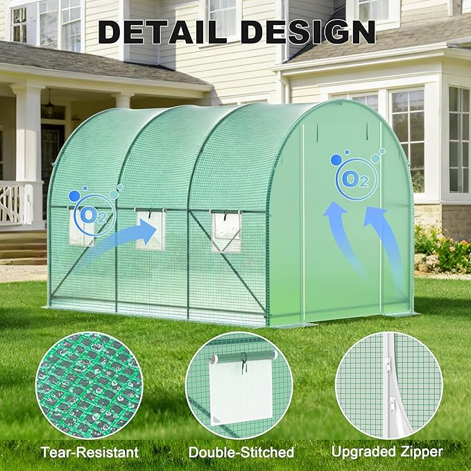Greenhouses for Outdoors, Walk-in Green Houses for Outside Heavy Duty, Large Greenhouse with 6 Ventilated Screen Windows & Roll-up Door & Reinforced Frame (10×7×7 FT Without Irrigation System)
