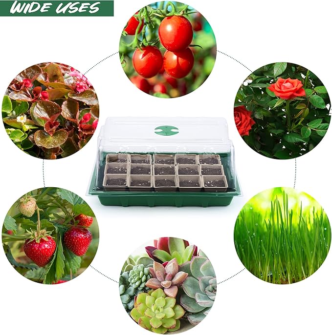 4 Pack Seed Starter Tray Set Plants Growing Trays Peat Pots for Seedlings with Seed Starter Pots, Plastic Germination Tray, Plant Labels, Tool for Flower Vegetable Planting, Green