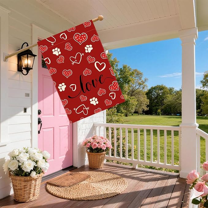 Red Love Heart Dog Paw Print Valentine’s Day House Flag large 28X40 Inch Big Vertical Double Sided Yard Outdoor Outside Holiday Decoration