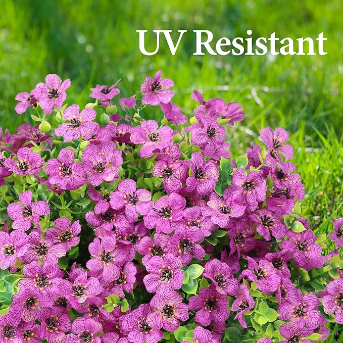 ATTGREAT Artificial Flowers Outdoor Faux Plants UV Resistant Fake Patio Flowers Plastic Greenery Plnats Outside Bulk for Spring Garden Hanging Planter Home Vase Decor, 12 Bundles (Purple)