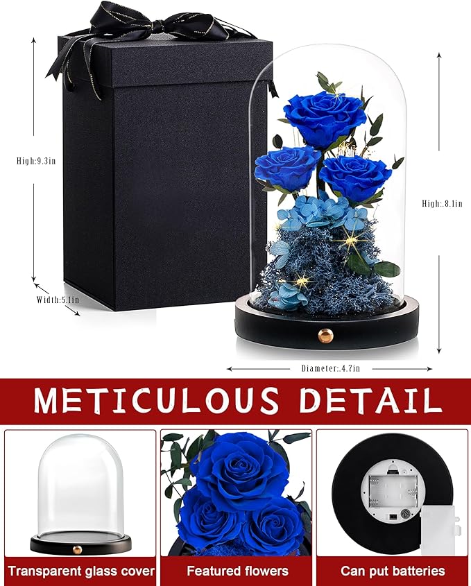 DENIMOMO Flowers Roses Gifts for Women Her,Forever Preserved Rose in Glass Dome, Valentines Anniversary Birthday Real Roses Gifts for Wife Women Girlfriend Best Friend/Blue