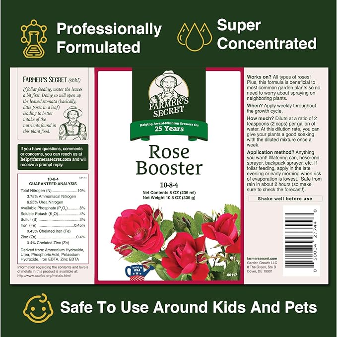Farmer's Secret Rose Booster Fertilizer (8oz) - Super Concentrated - Formulated for All Types of Roses Throughout The Life Cycle - Encourages Healthy Growth and Vibrant Blooms