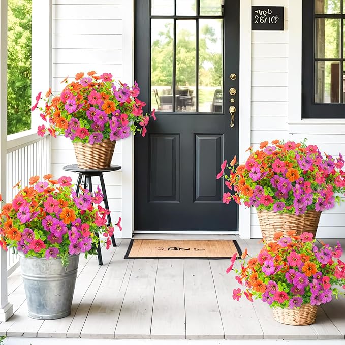 ATTGREAT Artificial Spring Flowers for Outdoors Faux Plants UV Resistant Realistic Fake Flowers Outside for Garden Planter Porch Home Decor, 12 Bundles (Multicolor)