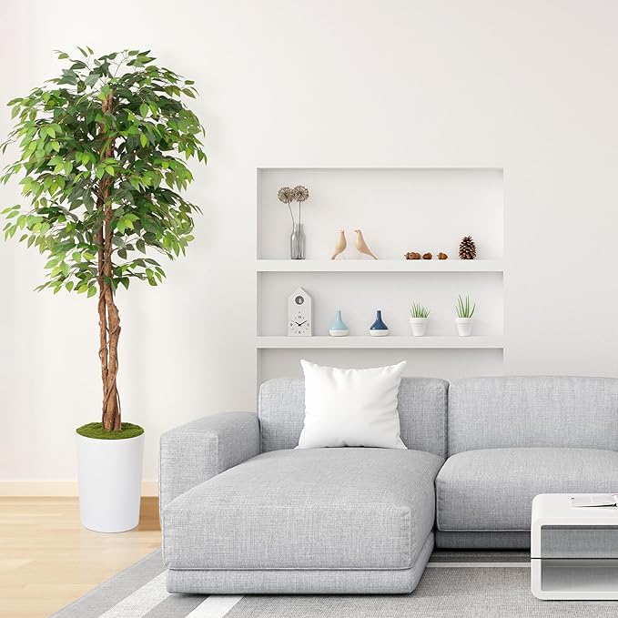 Waoops 7Ft Artificial Ficus Tree in Large Tall Planter - Faux Indoor Plant with Realistic Wood Trunk - Large Tall Fake Plant for Home, Office, Living Room, Patio Decoration