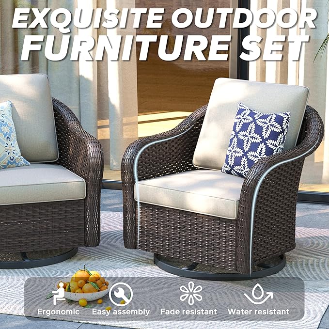 5 PCS Outdoor Conversation Set | 55" Couch, 4 Swivel Chairs, Patio Wicker Conversation Furniture with Removable Cushions for Bistro, Deck, Sunroom (Beige)