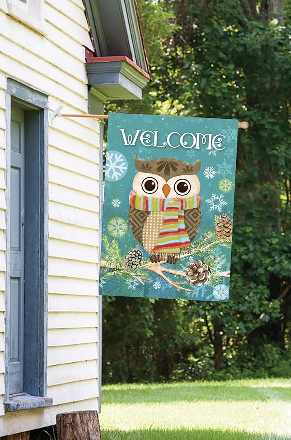 Morigins Cute Owl Christmas Holly Winter Double Sided House Flag 28x40 inch