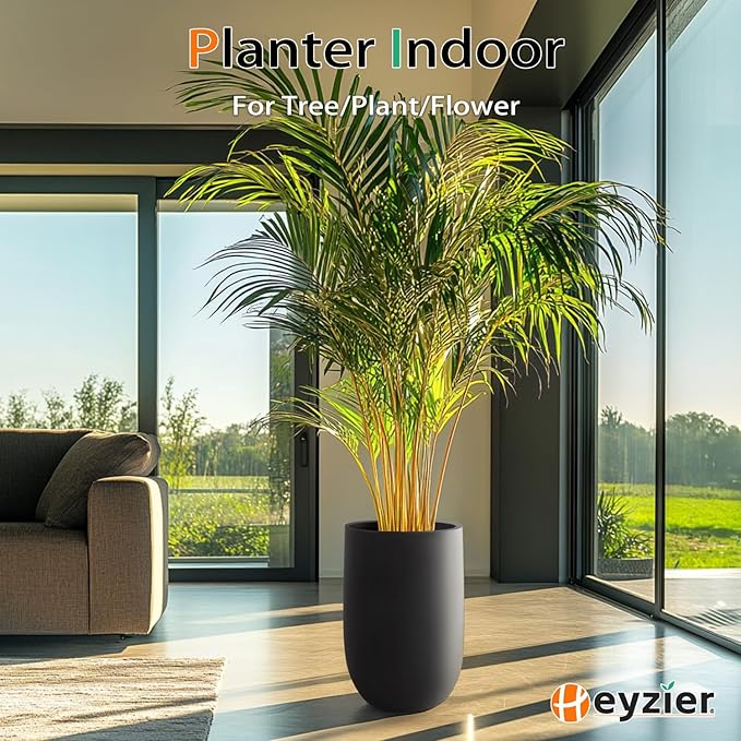 Heyzier Concrete Planter Outdoor Indoor, Large Tall Cement Plant Pots for Trees Flowers (Black, 22 inch)