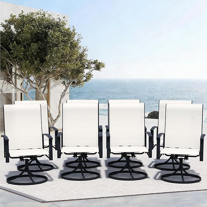 Outdoor Swivel Dining Chair Set of 8, All Weather Patio Dining Chair with Textilene High Back and Metal Frame for Backyard, Lawn Garde and Deck, Oyster Beige
