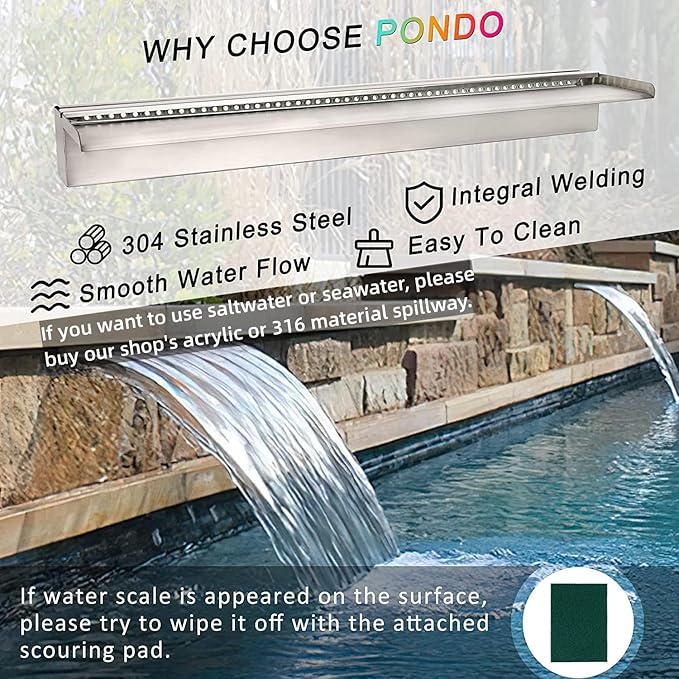 PONDO Pool Waterfall 36" APP with 16 Colors LED Lights, Stainless Steel Pond Fountain Set for Outdoor Decorations, Patio Waterfall Spillway Kit on The Wall for Garden, Easy Installation