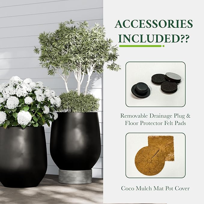 DTY Signature Mount Wilson 19.7''D x 21.7''H Modern Indoor Outdoor Fiberstone Tapered Planter, Lightweight, Weather Resistant Garden Pot with Drainage Hole & Rubber Plug - Black, Large