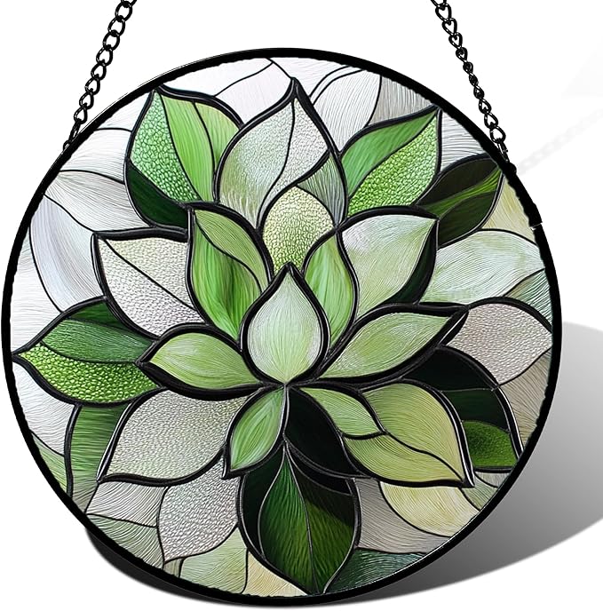 Stained Glass Window Hanging - Ireland Green Plants Suncatcher for Doors Garden Succulent Sun Catchers Decor Mother's St. Patrick's Day Birthday for Women Men Mom Nana 7.8 in