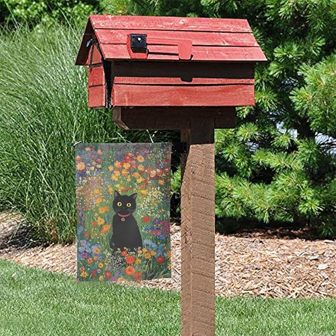 Cat With Flower Garden Flag 12x18 Inch Double Sided All-Weather Polyester Outdoor Flag For Patio Lawn Yard And Garden Welcome Decor
