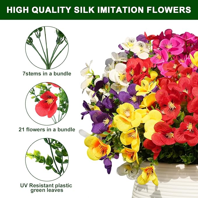 20 Pcs Artificial Flowers for Outdoor,UV-Resistant Realistic Looking Artificial Pansies, Fake Flowers for Decoration Indoor and Outdoor, Window Box, Porch, Patio, Garden,Home Decor - Year-Round Beauty