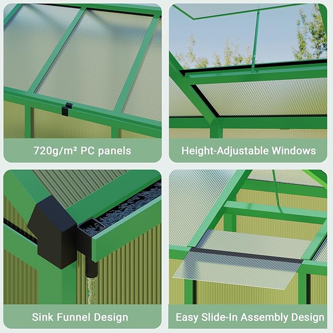 6X10 FT Greenhouse, Polycarbonate Garden Greenhouse for Outdoors,Aluminum Frame Green House with Lockable Door and Adjustable Roof Vent, Ideal for Backyard Patio and Outside Growing