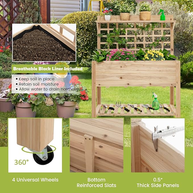 S AFSTAR Raised Garden Bed with Trellis, 41.5x16x54in Mobile Elevated Planter Box with Wheels, Bed Liner, Top/Bottom Storage Shelves, Freestanding Wood Planter Stand for Garden Patio Balcony