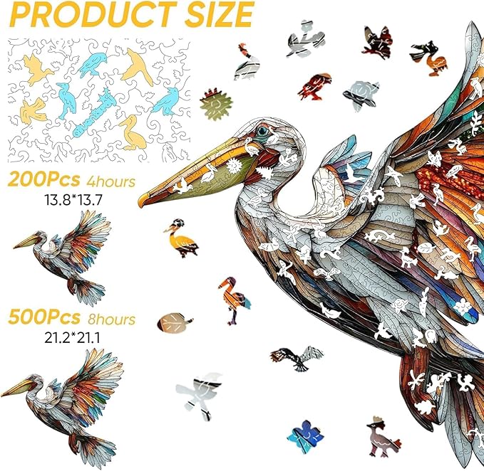 Qiuenisray Wooden Puzzles for Adults 500 Pieces, Pelican Jigsaw Puzzles, FSC Certified Wall Decor, Unique Animal Shape Puzzles Pieces, Bird Wood Puzzle, Festival Gifts for Family Friend 21.2x21.1 in