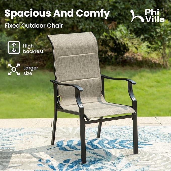 PHI VILLA Outdoor Dining Chairs Set of 4, High Back Textilene Fabric Padded Armchairs with E-Coated Steel Frame for Patio, Porch, Deck, Yard