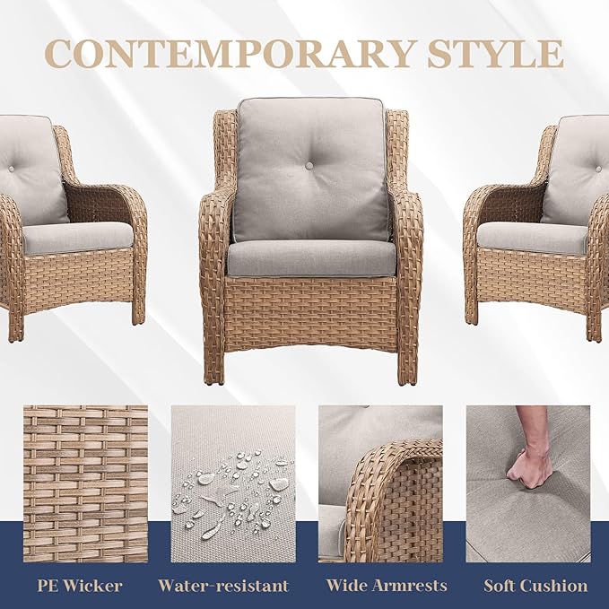 HUMMUH 3 Pieces Patio Bistro Set Wicker Patio Chairs Set of 2 with Tempered Glass Top Side Table Rattan Outdoor Furniture Conversation Set for Yard,Garden,Porch (Yellow/Beige)