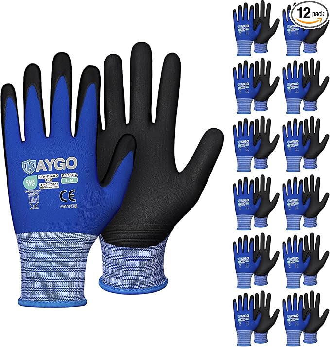 KAYGO Safety Work Gloves MicroFoam Nitrile Coated-1 Pairs, KG18NB,Seamless Knit Nylon Glove with Black Micro-Foam Nitrile Grip,Ideal for General Purpose,Automotive,Home Improvement,M,Blue
